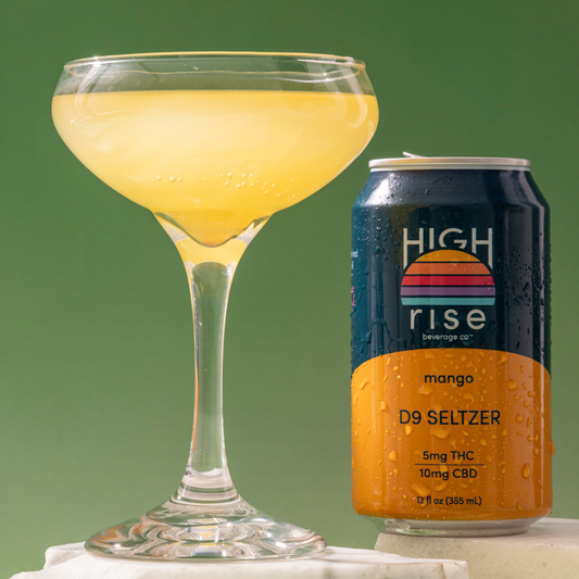Golden Spritz mocktail, made with mango thc seltzer