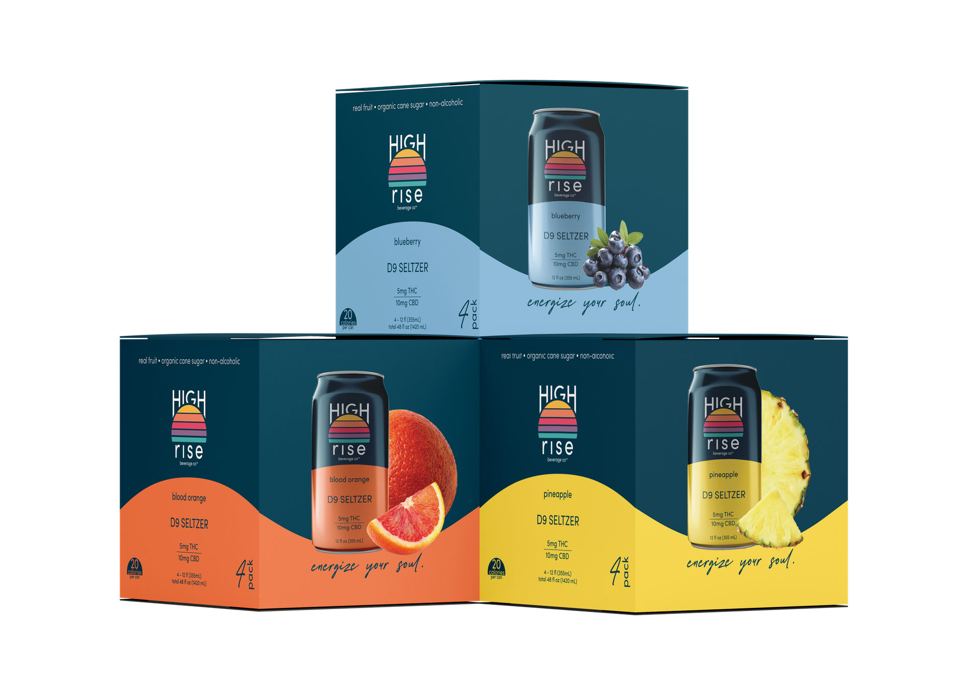 High Rise Flight, best seller bundle - blueberry 5mg THC seltzer, blood orange 5mg THC seltzer, pineapple 5mg THC seltzer