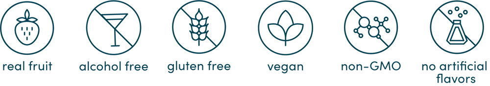 Real Fruit, Alcohol Free, Gluten Free, Vegan, non- GMO and no artificial flavors