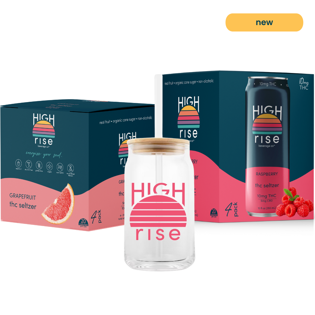 High Rise THC seltzers bundle with Raspberry 10mg 4-pack, Grapefruit 5mg 4-pack and the limited edition glass tumbler.