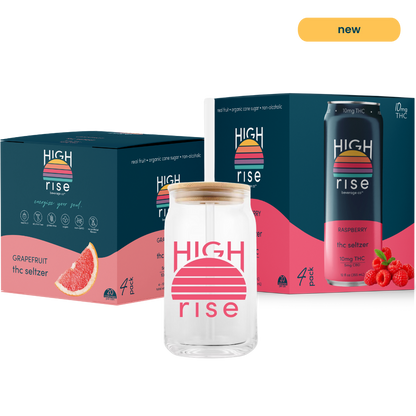High Rise THC seltzers bundle with Raspberry 10mg 4-pack, Grapefruit 5mg 4-pack and the limited edition glass tumbler.