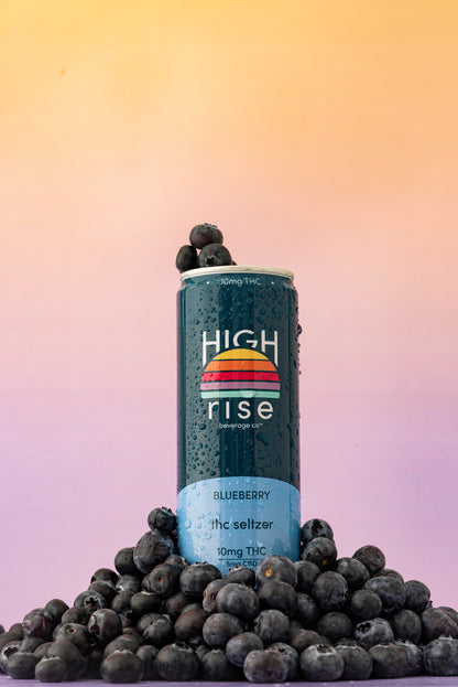 High Rise Blueberry Seltzer 10mg THC, 12oz can with blueberries