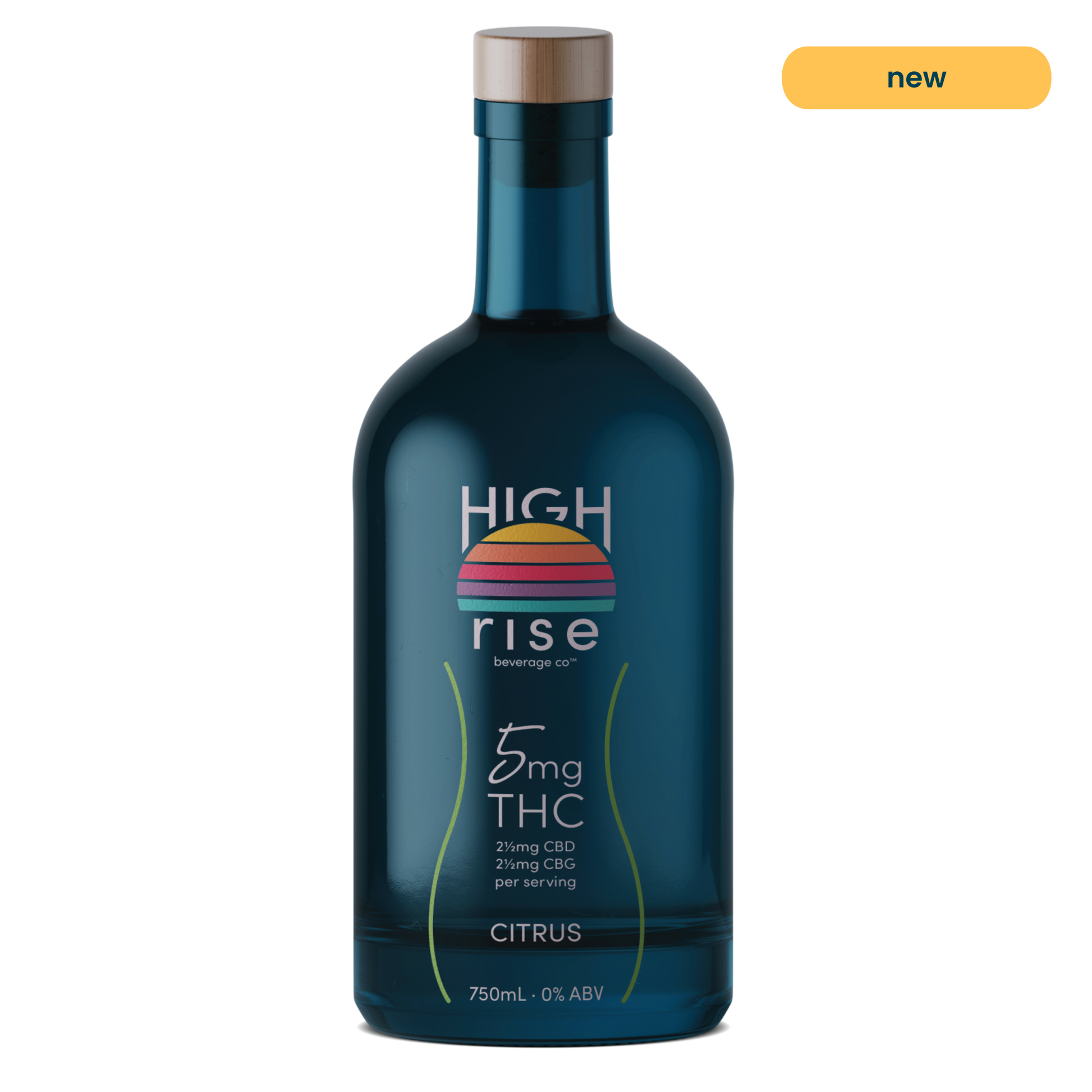 High Rise Citrus THC infusion 5mg dark blue bottle, 750ml with High Rise logo. Per serving includes 2.5mg CBD and 2.45mg CBG.