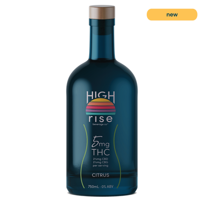 High Rise Citrus THC infusion 5mg dark blue bottle, 750ml with High Rise logo. Per serving includes 2.5mg CBD and 2.45mg CBG.