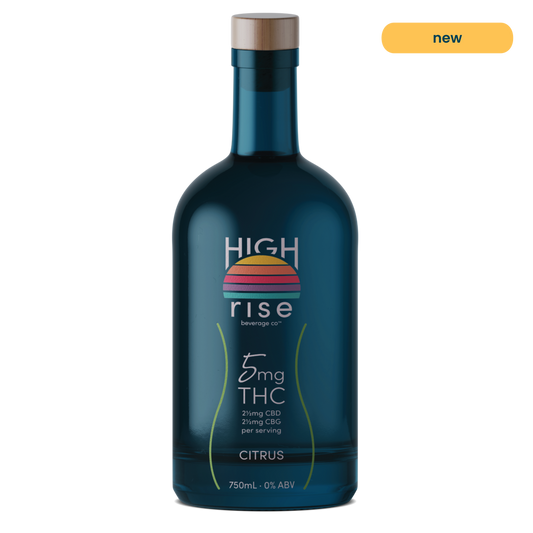 High Rise Citrus THC infusion 5mg dark blue bottle, 750ml with High Rise logo. Per serving includes 2.5mg CBD and 2.45mg CBG.