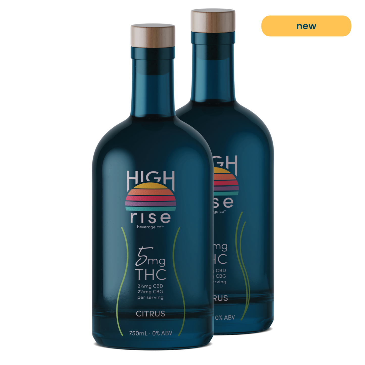 Two High Rise Citrus THC infusion bottles, with 5mg THC in the front and 10mg in the back. Bottles are dark blue bottle, 750ml with High Rise logo. Per serving includes 2.5mg CBD and 2.45mg CBG.