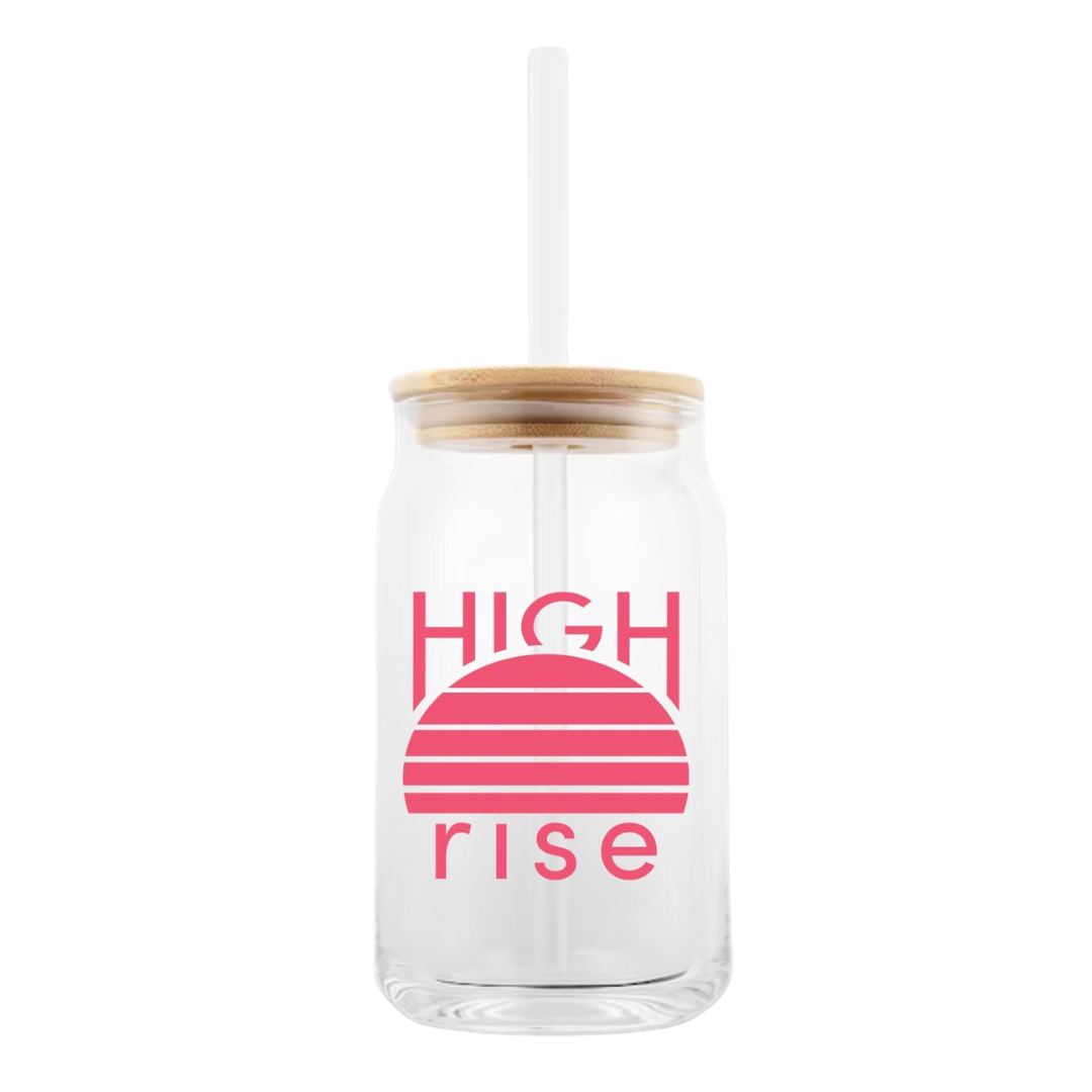 Clear glass tumbler with wooden lid and straw featuring 'High Rise' pink logo a on a clear background.