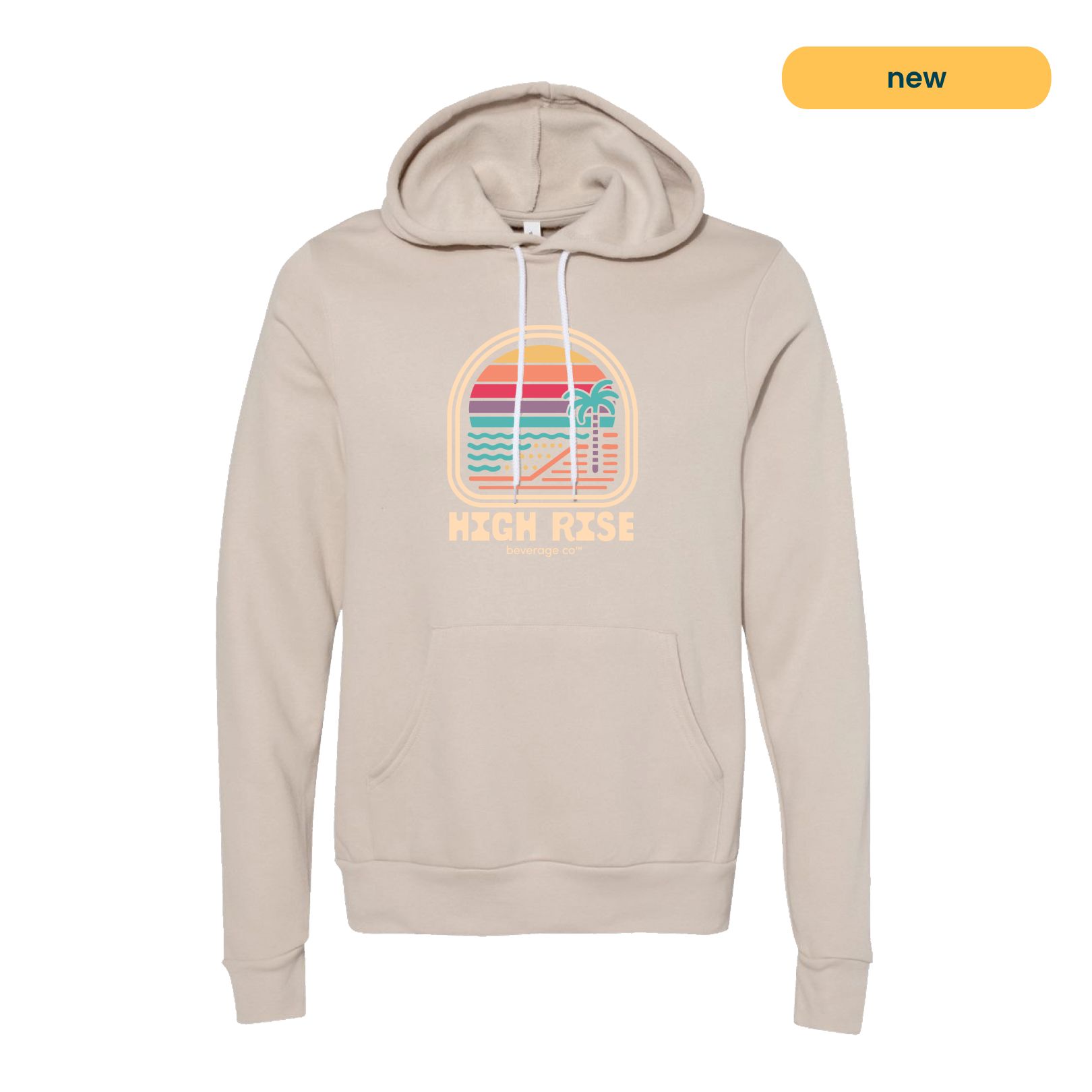 Cream hoodie with a colorful graphic and 'High Rise' text. Graphic is a sunrise on a beachfront with a palm tree, style of graphic is retro.