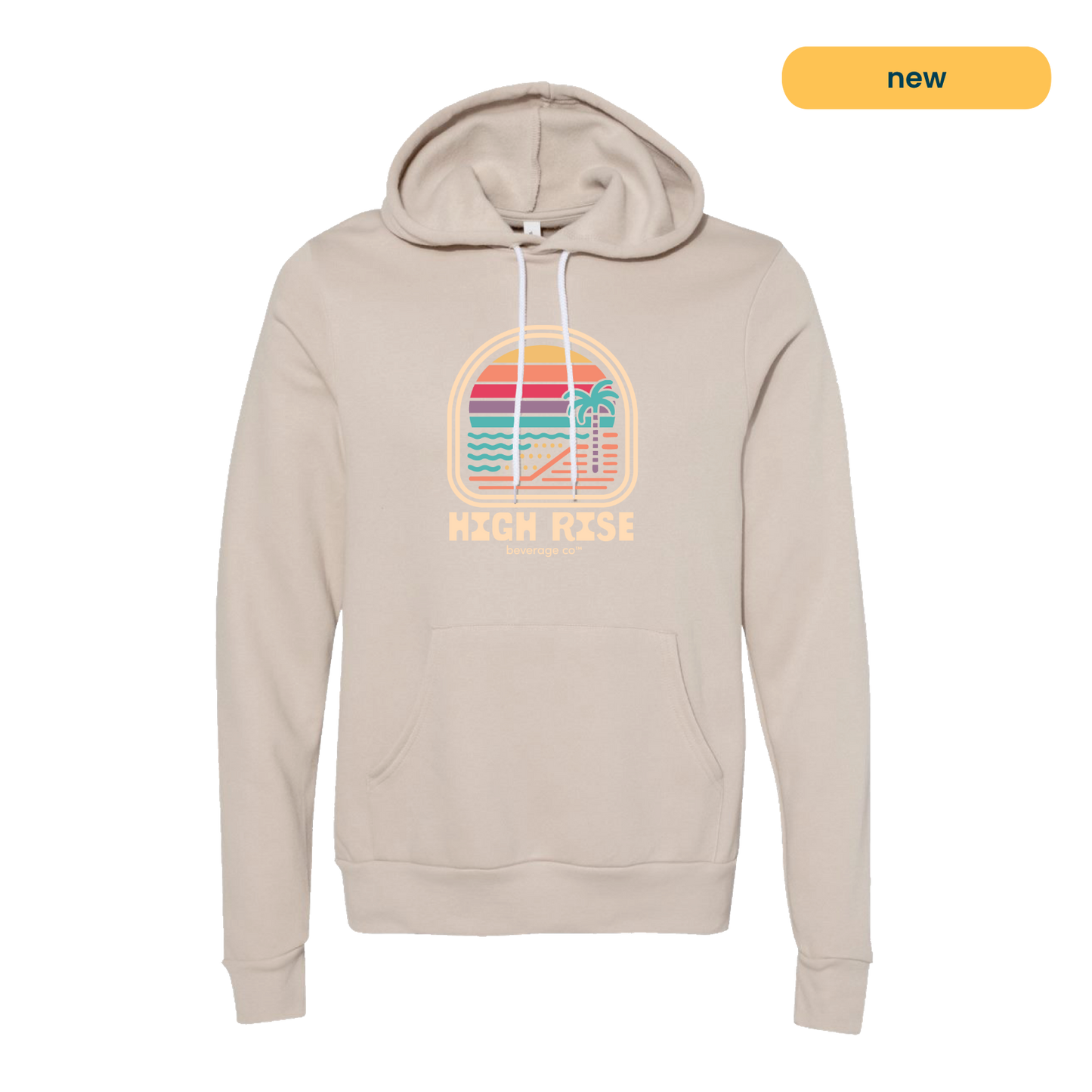 Cream hoodie with a colorful graphic and 'High Rise' text. Graphic is a sunrise on a beachfront with a palm tree, style of graphic is retro.