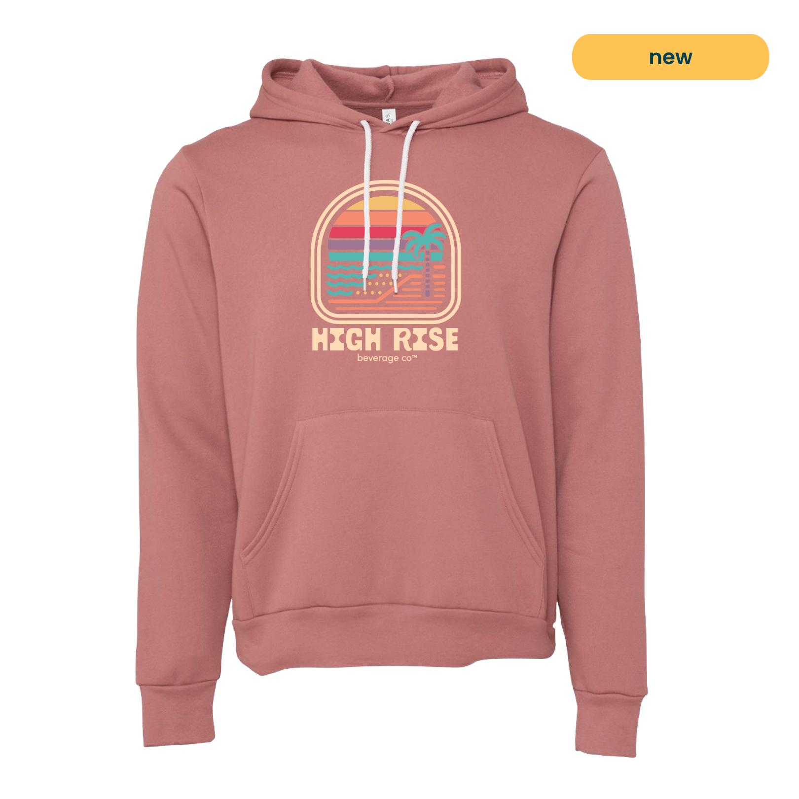 Mauve hoodie with a colorful graphic and 'High Rise' text. Graphic is a sunrise on a beachfront with a palm tree, style of graphic is retro.