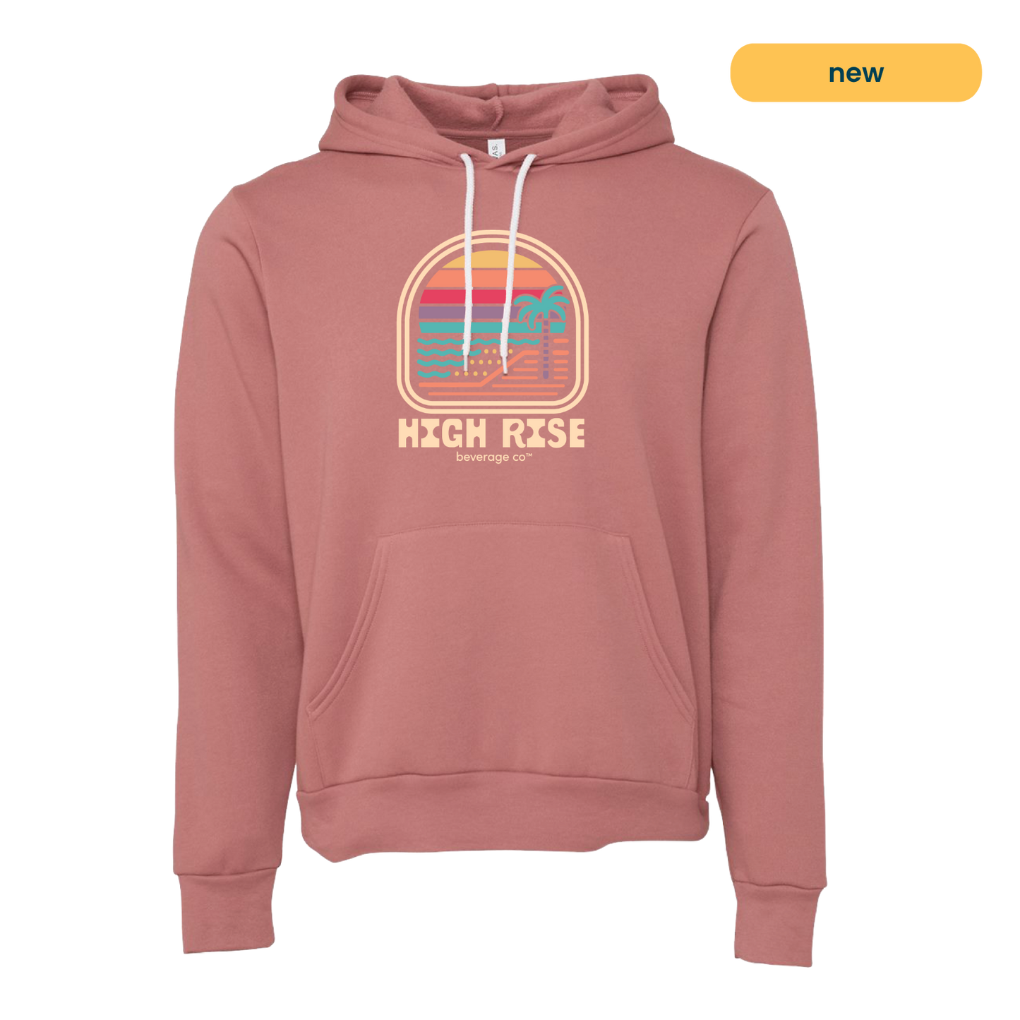 Mauve hoodie with a colorful graphic and 'High Rise' text. Graphic is a sunrise on a beachfront with a palm tree, style of graphic is retro.