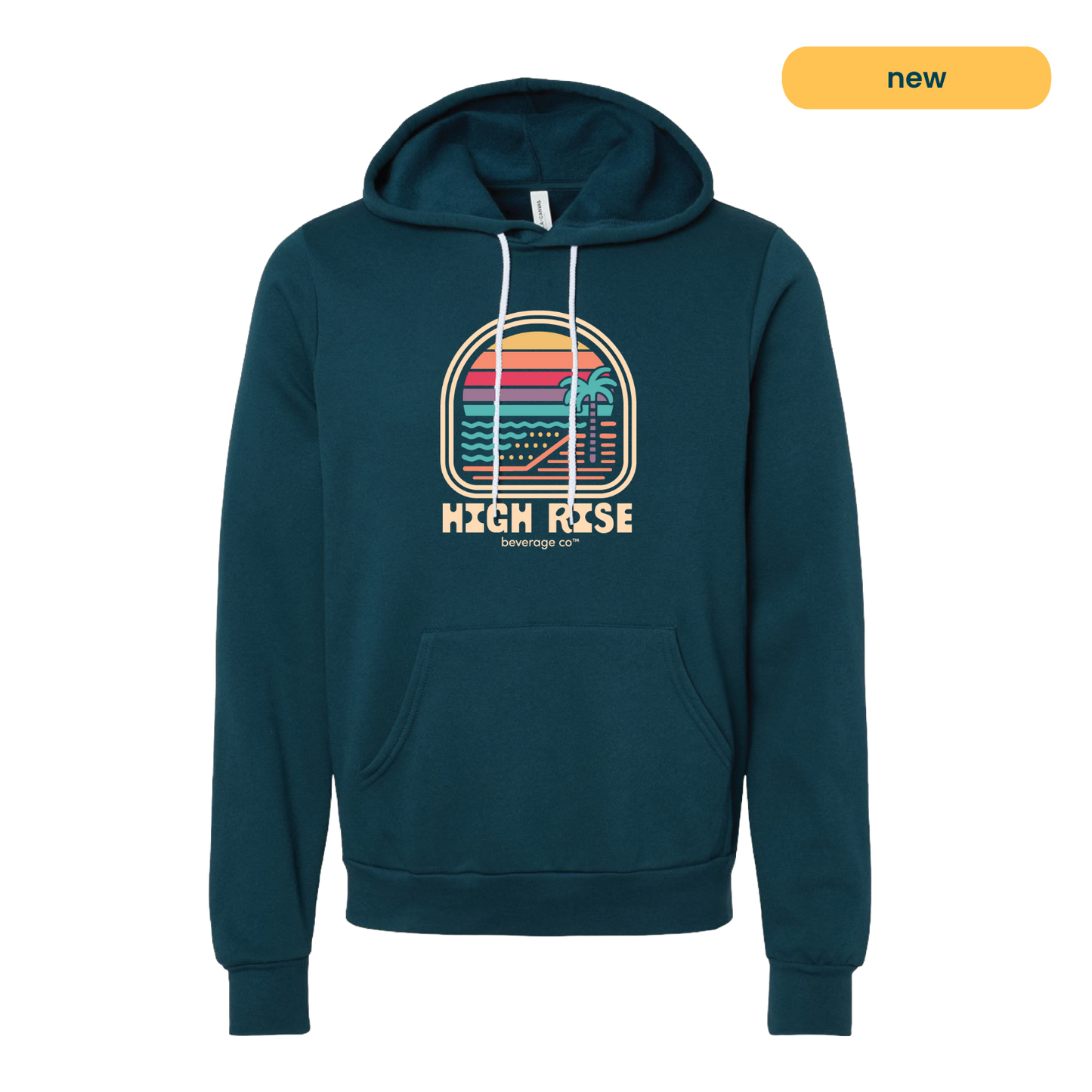 Navy hoodie with a colorful graphic and 'High Rise' text. Graphic is a sunrise on a beachfront with a palm tree, style of graphic is retro.