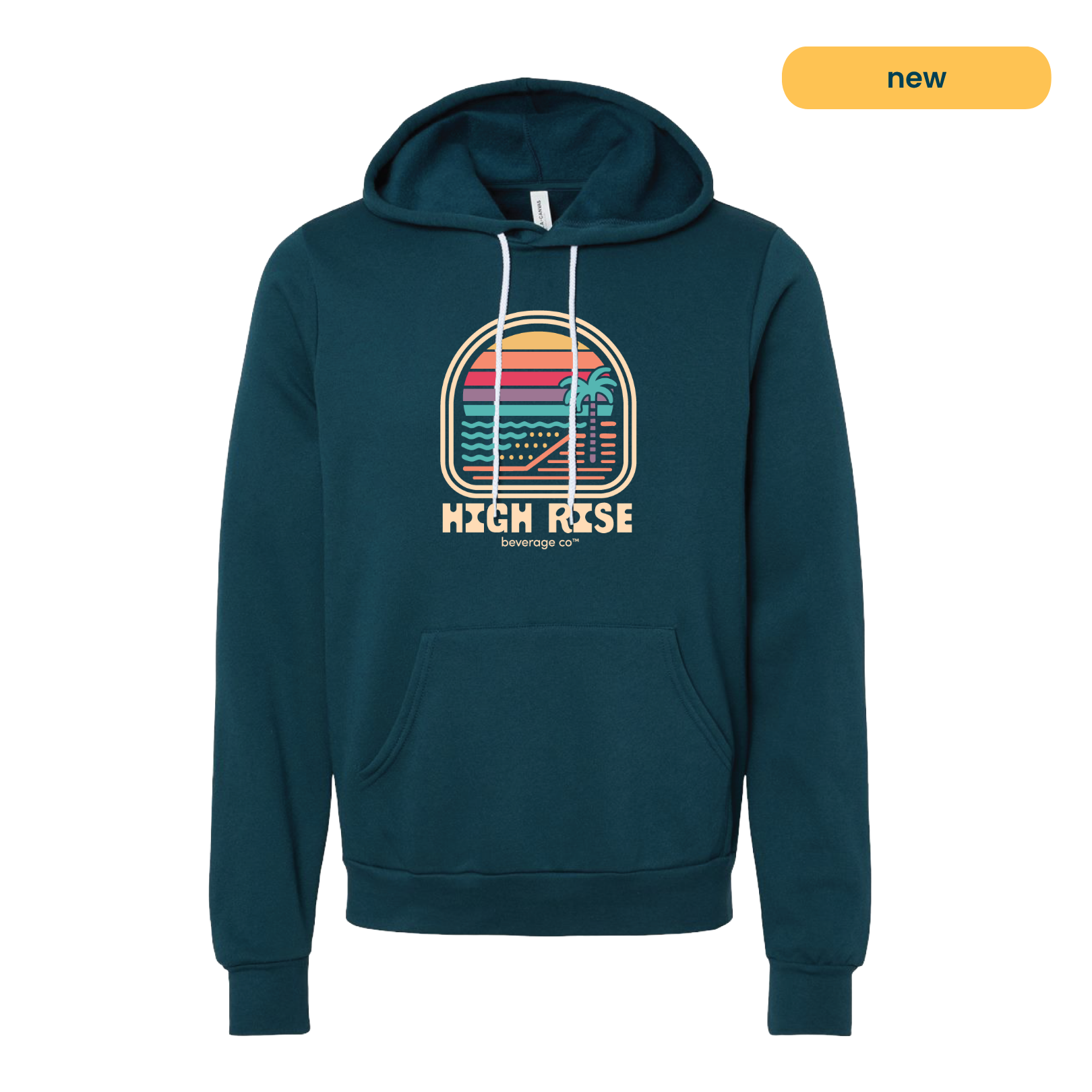 Navy hoodie with a colorful graphic and 'High Rise' text. Graphic is a sunrise on a beachfront with a palm tree, style of graphic is retro.
