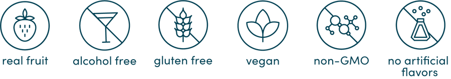 Real Fruit, Alcohol Free, Gluten Free, Vegan, non- GMO and no artificial flavors