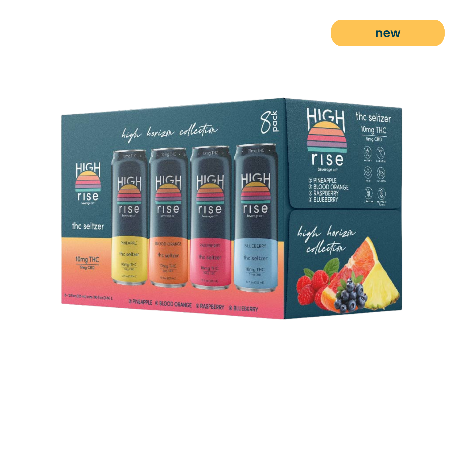 High Rise, High Horizon variety pack packaging, on an angle. The box features the 4 flavors of 10mg THC - pineapple, blood orange, raspberry and blueberry. 

The side of the pack shows icons, indicating that the seltzers are made with real fruit, non-GMO and alcohol free.

The top right corner also features a 'new' tag, indicating that this is a new product.