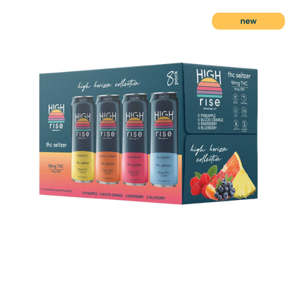 High Rise, High Horizon variety pack packaging, on an angle. The box features the 4 flavors of 10mg THC - pineapple, blood orange, raspberry and blueberry. 

The side of the pack shows icons, indicating that the seltzers are made with real fruit, non-GMO and alcohol free.

The top right corner also features a 'new' tag, indicating that this is a new product.