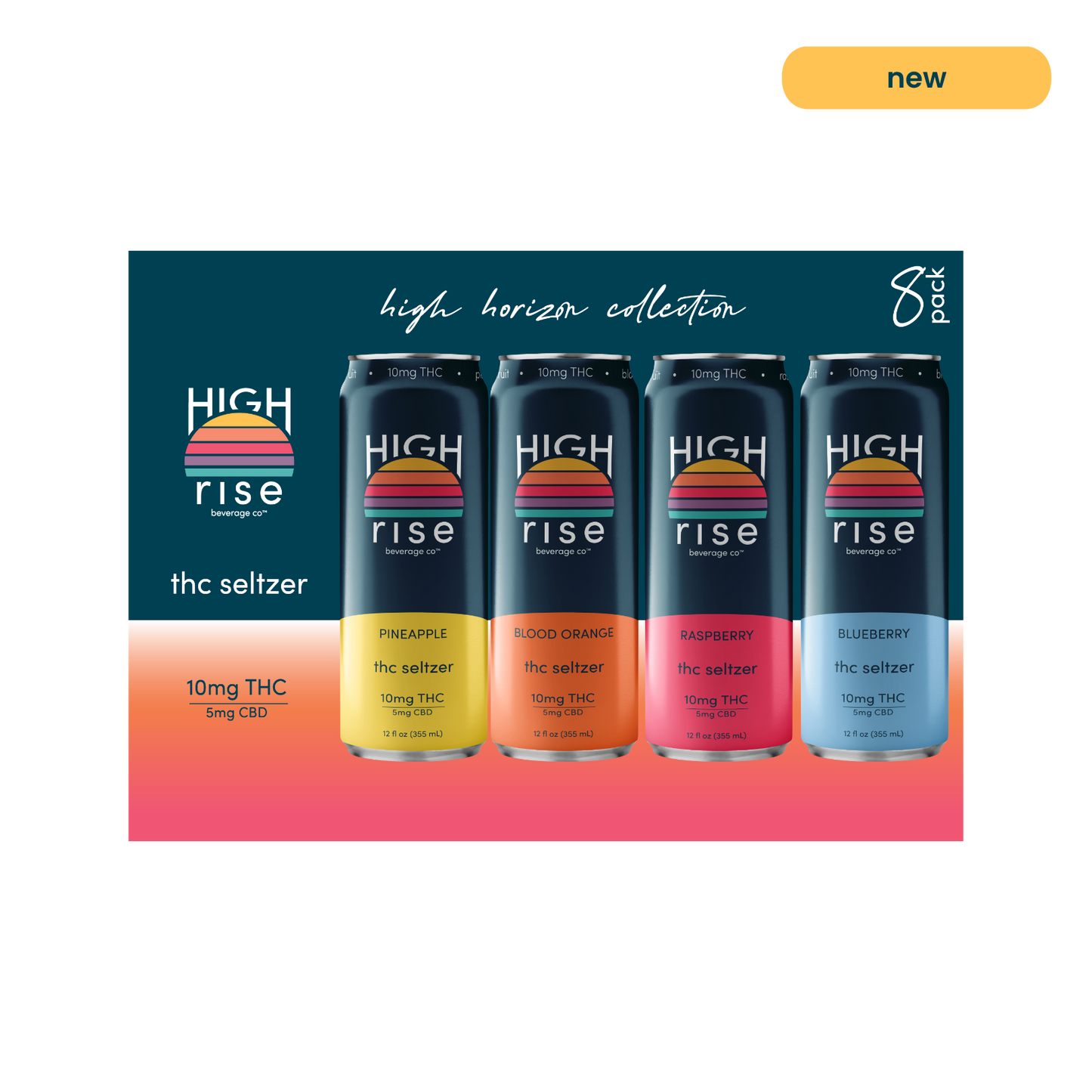 High Rise, High Horizon variety pack packaging, facing front. The box features the 4 flavors of 10mg THC - pineapple, blood orange, raspberry and blueberry. The top right corner also features a 'new' tag, indicating that this is a new product.