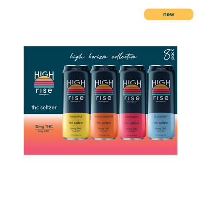 High Rise, High Horizon variety pack packaging, facing front. The box features the 4 flavors of 10mg THC - pineapple, blood orange, raspberry and blueberry. The top right corner also features a 'new' tag, indicating that this is a new product.
